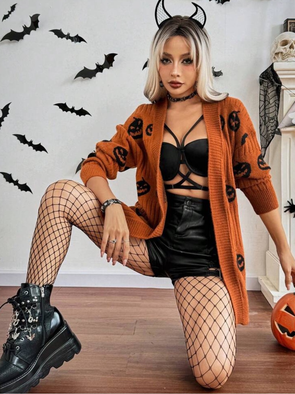 ChicEase Long Sleeve Casual Pumpkin Pattern Cardigan, Women Halloween - Picture 3 of 4